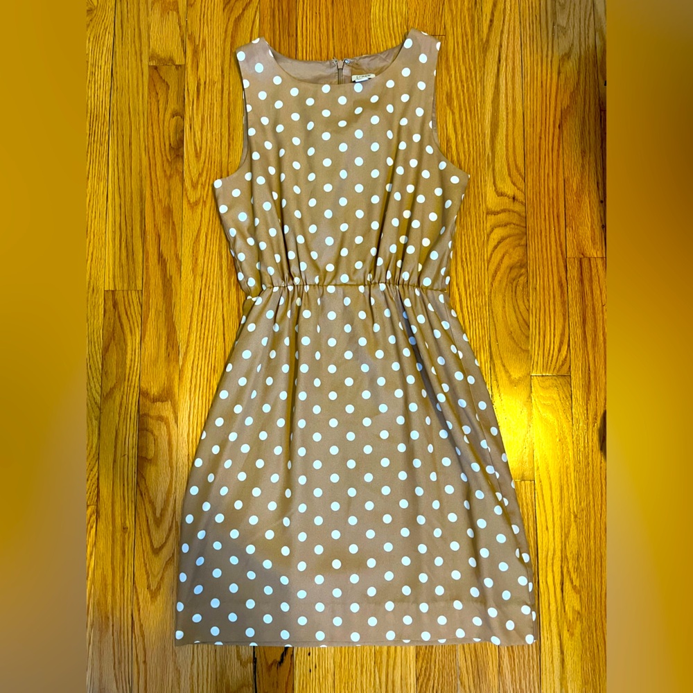 Tan with white polka dot J.Crew dress